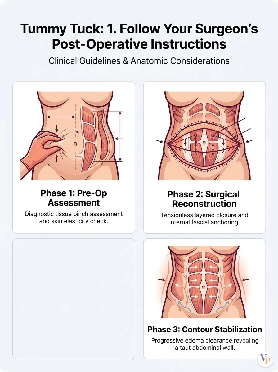 Medical schematic diagram illustrating 1. Follow Your Surgeon’s Post-Operative Instructions in tummy tuck surgery by Dr. Vishal Purohit in Jaipur