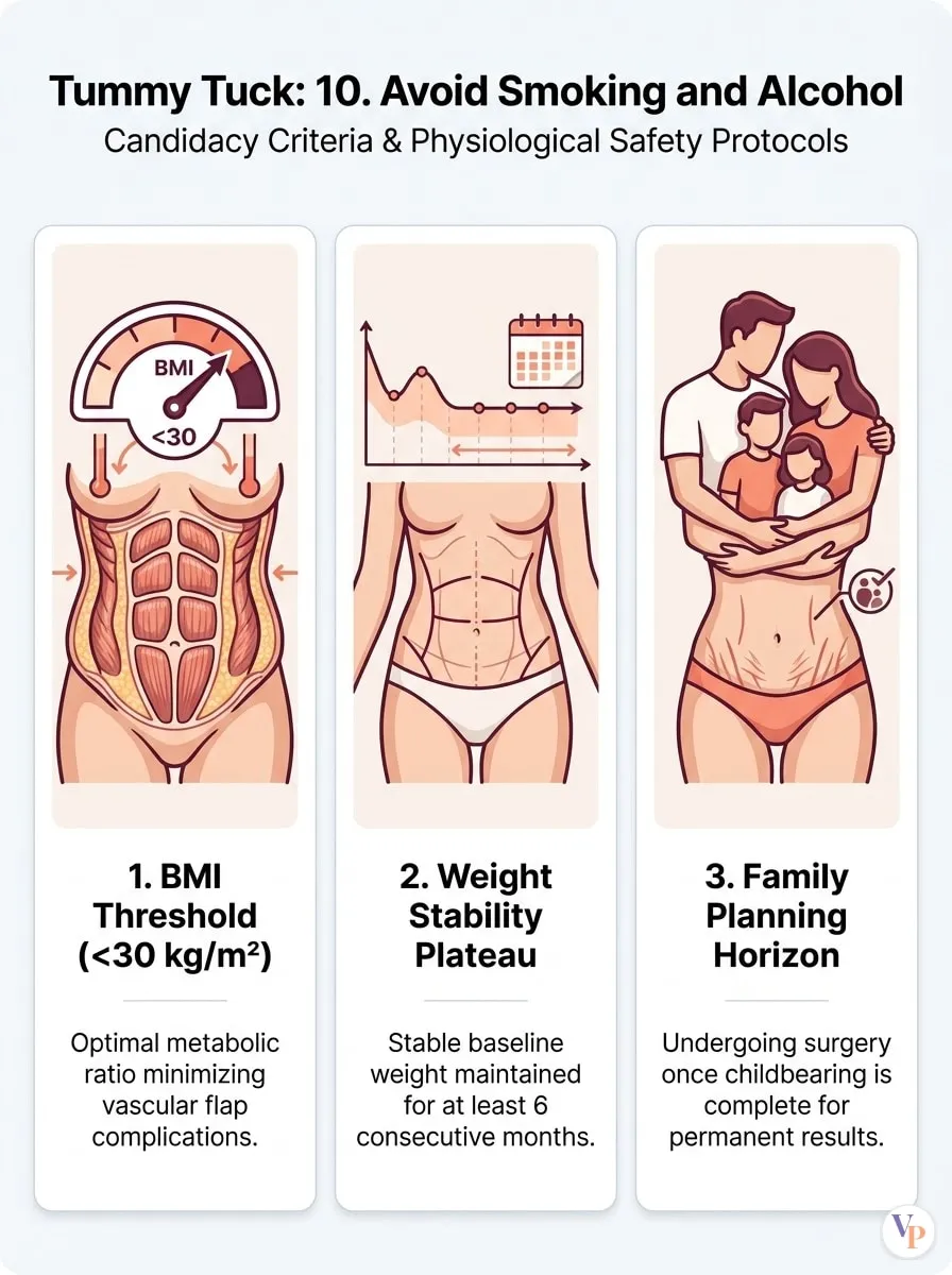 Medical schematic diagram illustrating 10. Avoid Smoking and Alcohol in tummy tuck surgery by Dr. Vishal Purohit in Jaipur