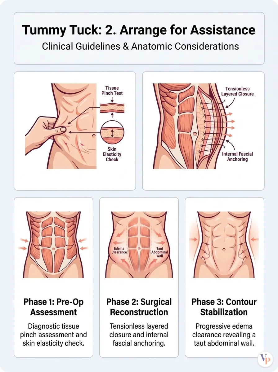 Medical schematic diagram illustrating 2. Arrange for Assistance in tummy tuck surgery by Dr. Vishal Purohit in Jaipur