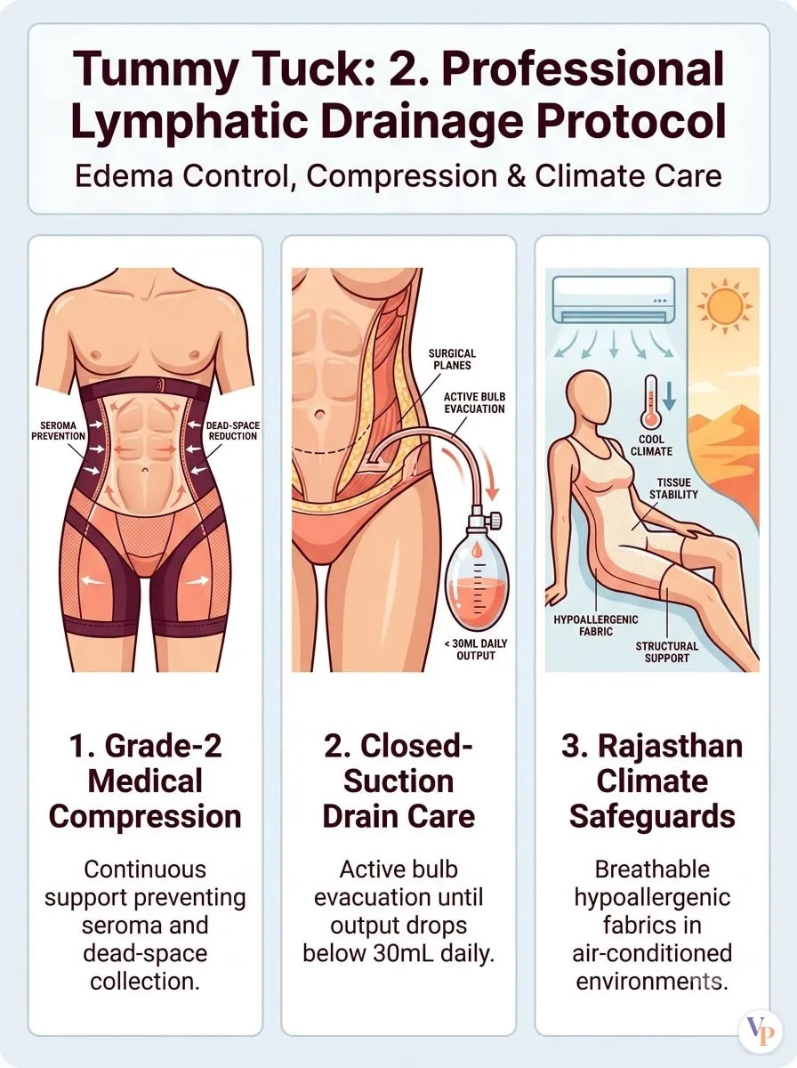 Medical schematic diagram illustrating 2. Professional Lymphatic Drainage Protocol in tummy tuck surgery by Dr. Vishal Purohit in Jaipur