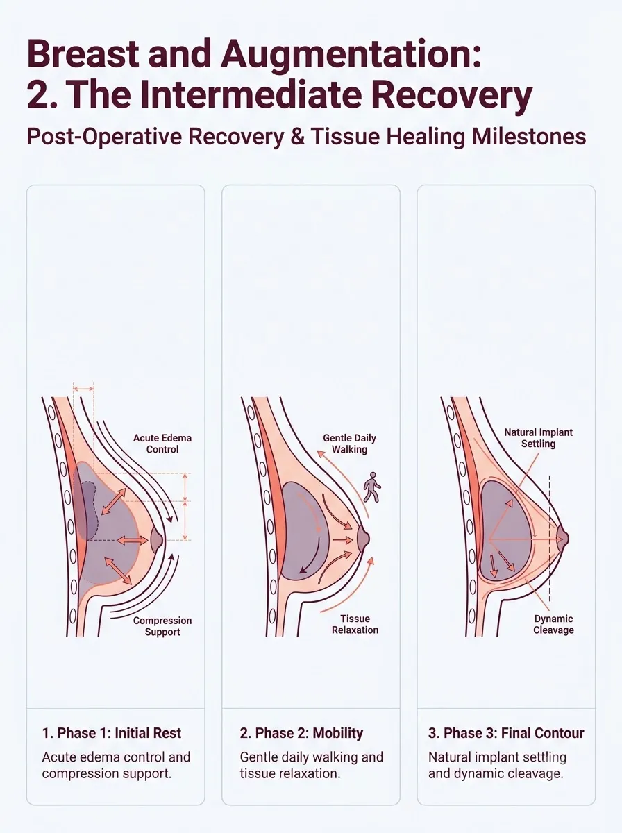 Medical schematic diagram illustrating the intermediate recovery phase (weeks 2-6) in breast augmentation surgery by Dr. Vishal Purohit in Jaipur