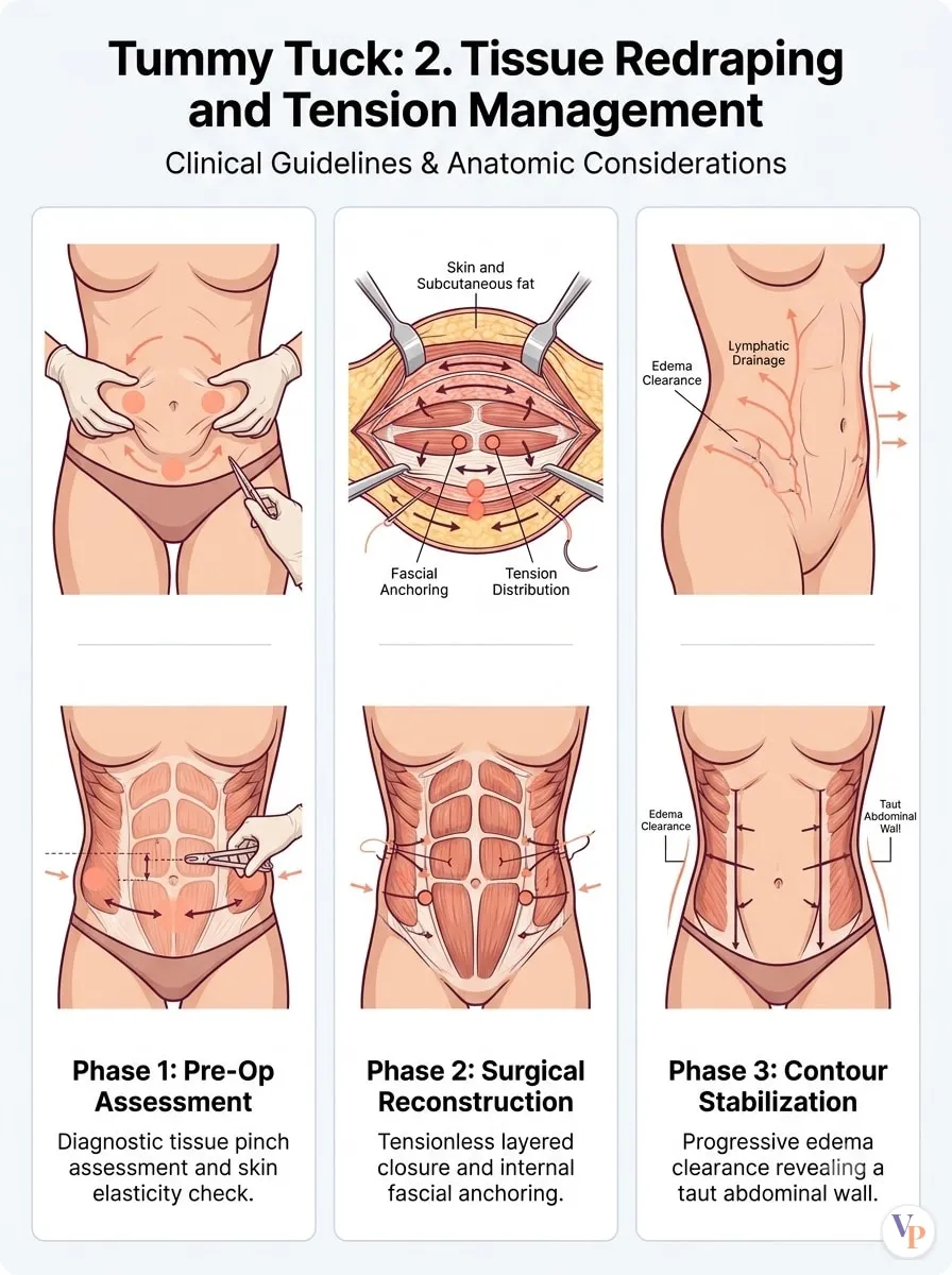Medical schematic diagram illustrating 2. Tissue Redraping and Tension Management in tummy tuck surgery by Dr. Vishal Purohit in Jaipur