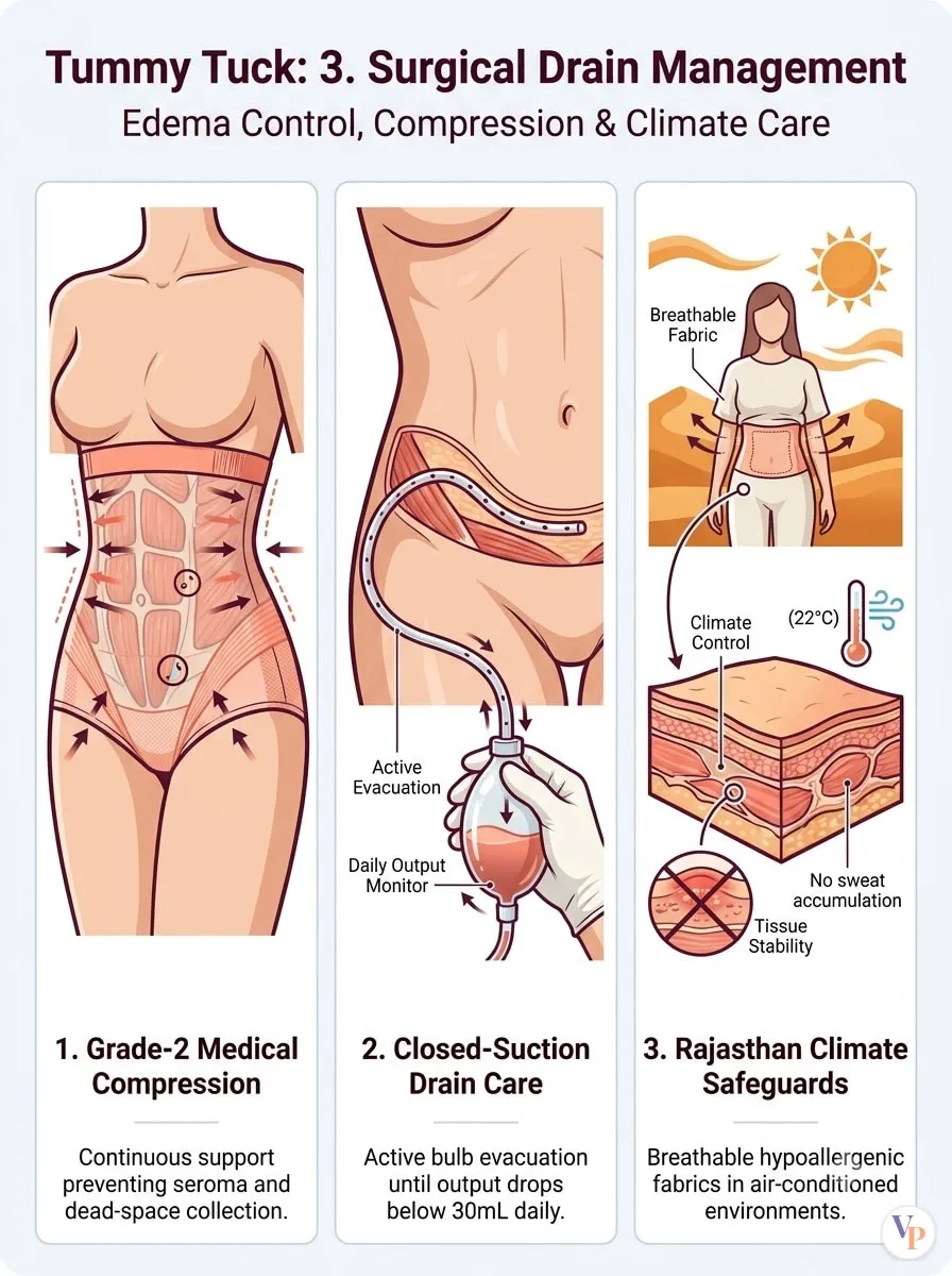 Medical schematic diagram illustrating 3. Surgical Drain Management in tummy tuck surgery by Dr. Vishal Purohit in Jaipur