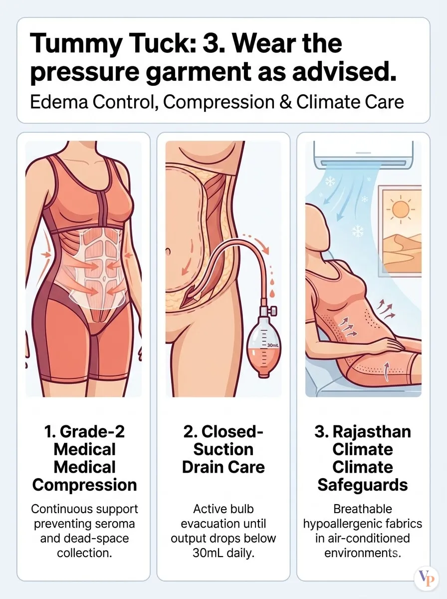 Medical schematic diagram illustrating 3. Wear the pressure garment as advised. in tummy tuck surgery by Dr. Vishal Purohit in Jaipur