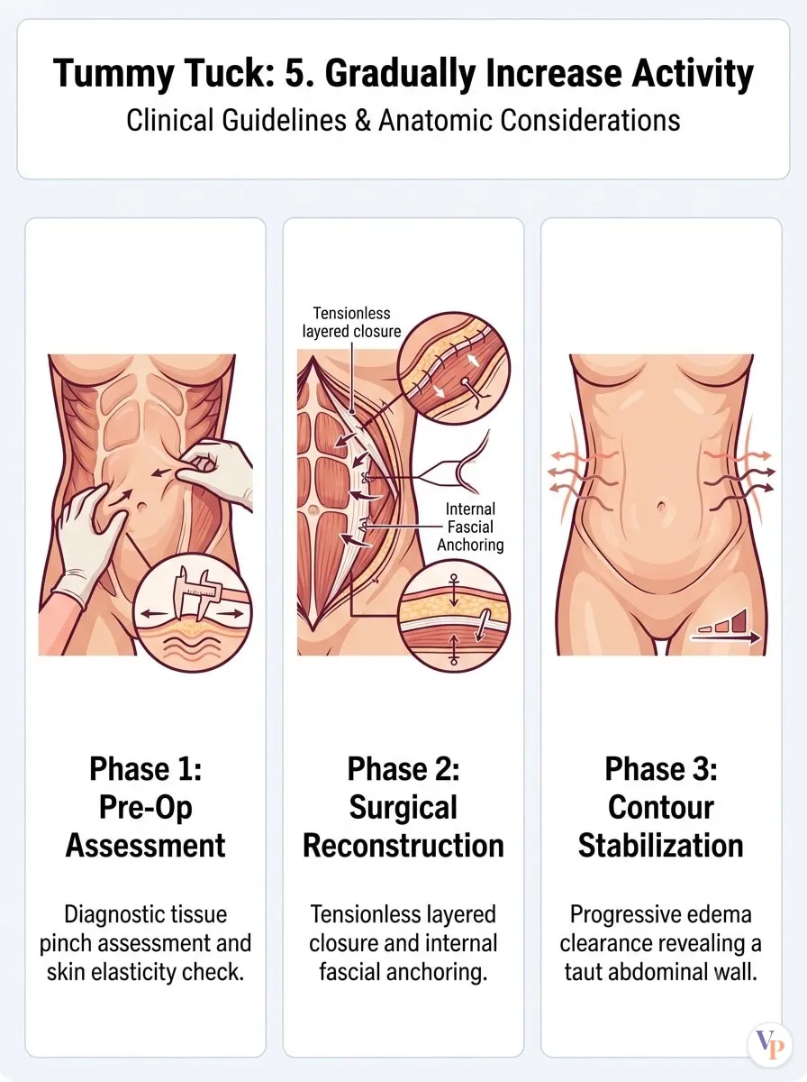 Medical schematic diagram illustrating 5. Gradually Increase Activity in tummy tuck surgery by Dr. Vishal Purohit in Jaipur