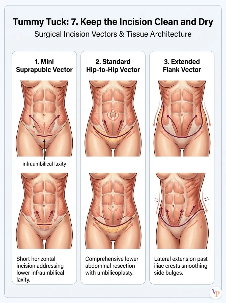 Medical schematic diagram illustrating 7. Keep the Incision Clean and Dry in tummy tuck surgery by Dr. Vishal Purohit in Jaipur
