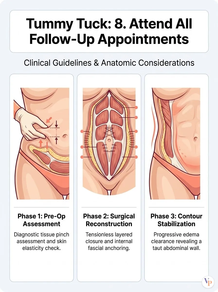 Medical schematic diagram illustrating 8. Attend All Follow-Up Appointments in tummy tuck surgery by Dr. Vishal Purohit in Jaipur