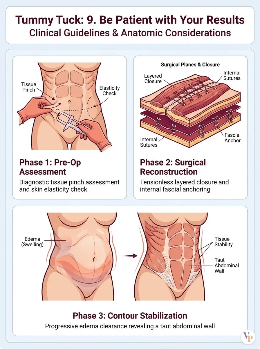 Medical schematic diagram illustrating 9. Be Patient with Your Results in tummy tuck surgery by Dr. Vishal Purohit in Jaipur