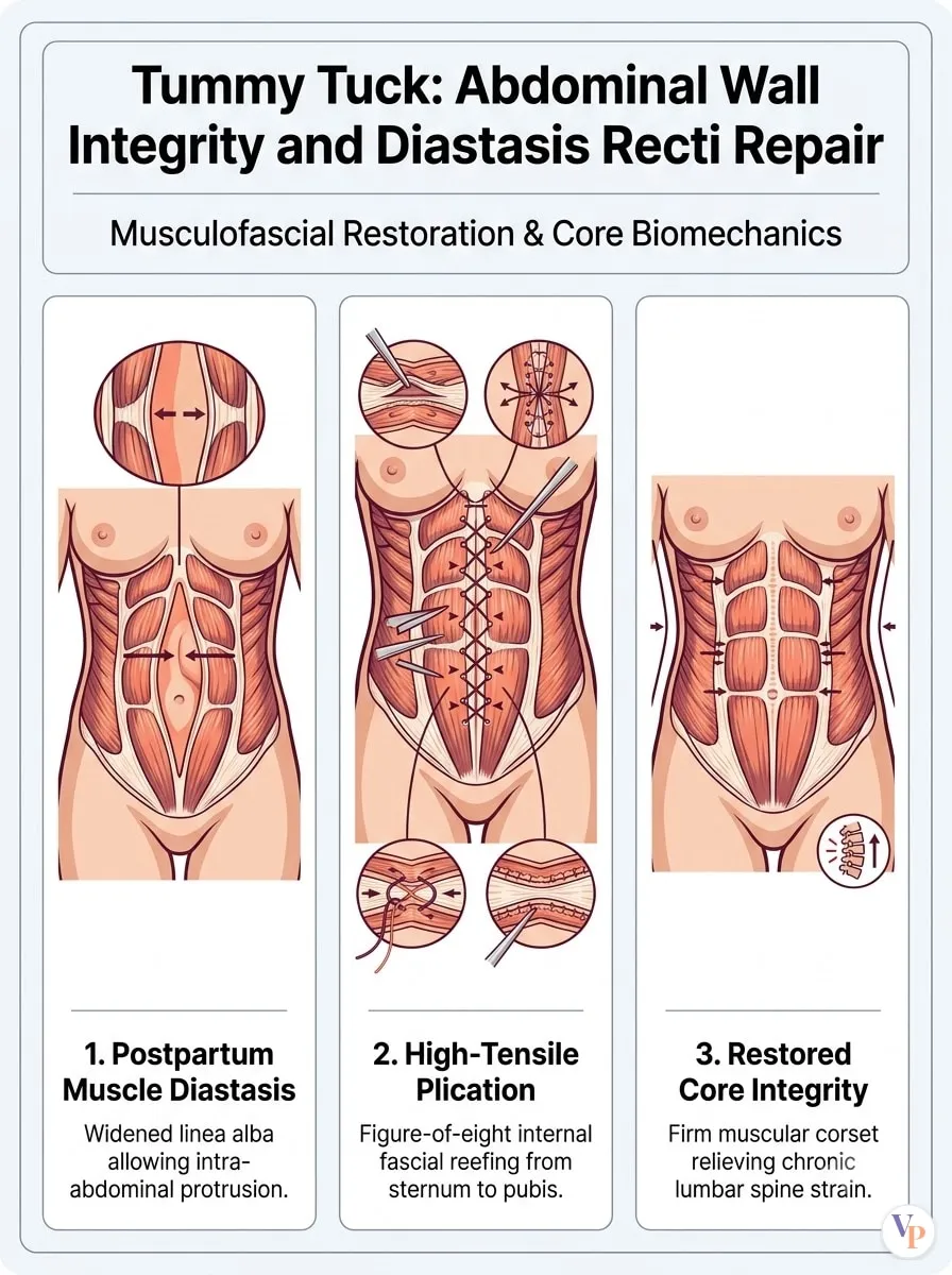 Medical schematic diagram illustrating Abdominal Wall Integrity and Diastasis Recti Repair in tummy tuck surgery by Dr. Vishal Purohit in Jaipur