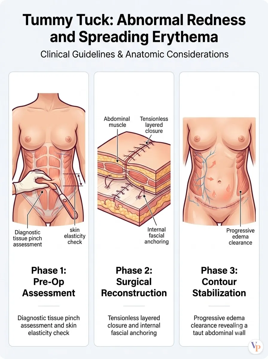 Medical schematic diagram illustrating Abnormal Redness and Spreading Erythema in tummy tuck surgery by Dr. Vishal Purohit in Jaipur