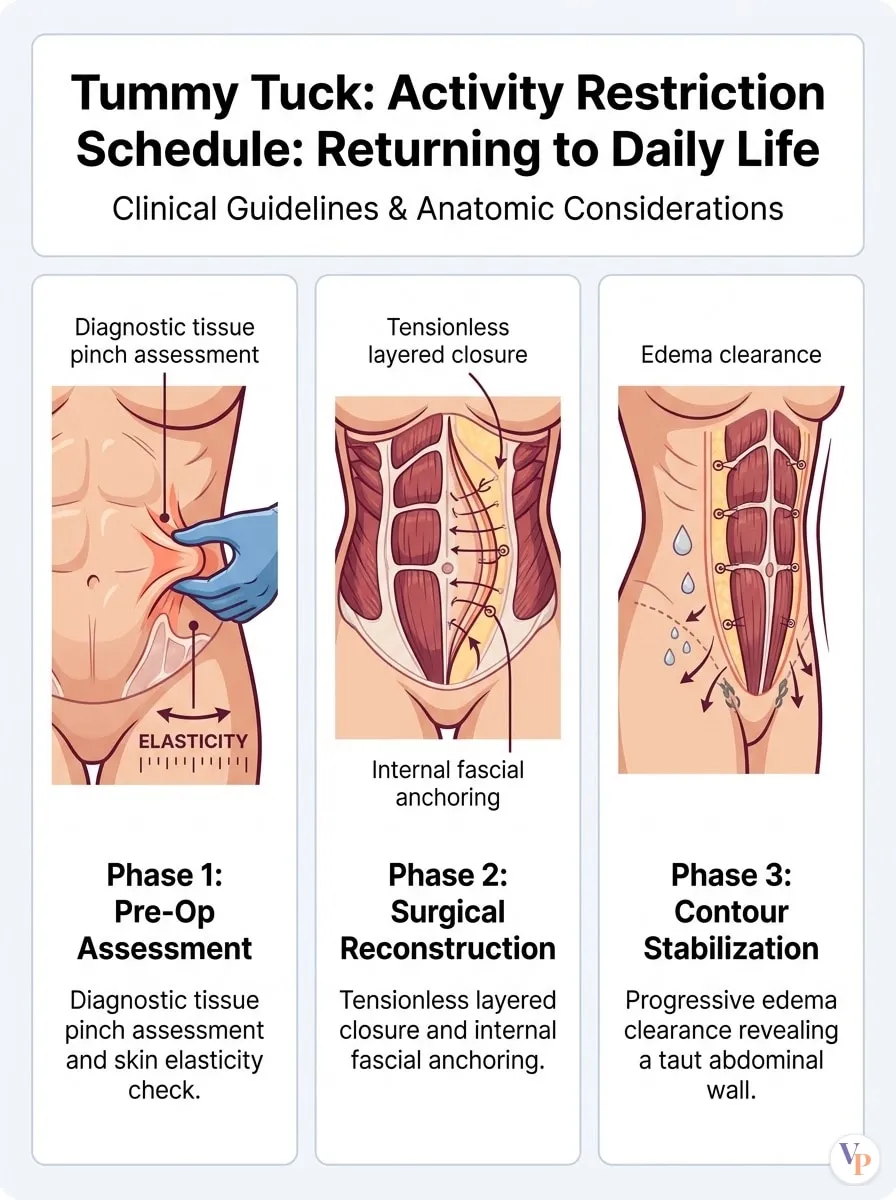 Medical schematic diagram illustrating Activity Restriction Schedule: Returning to Daily Life in tummy tuck surgery by Dr. Vishal Purohit in Jaipur