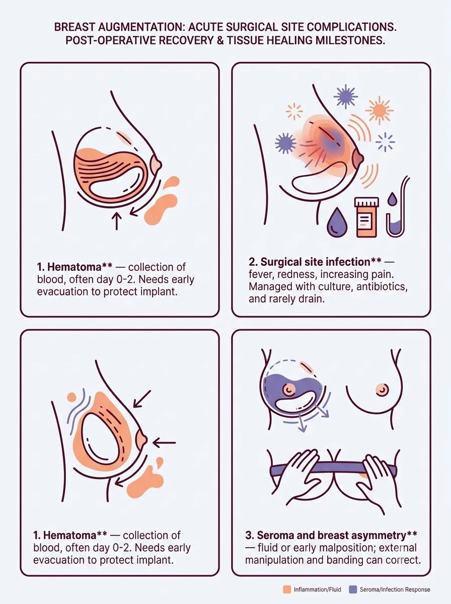 Medical schematic diagram illustrating acute surgical site complications and recovery risks in breast augmentation surgery by Dr. Vishal Purohit in Jaipur