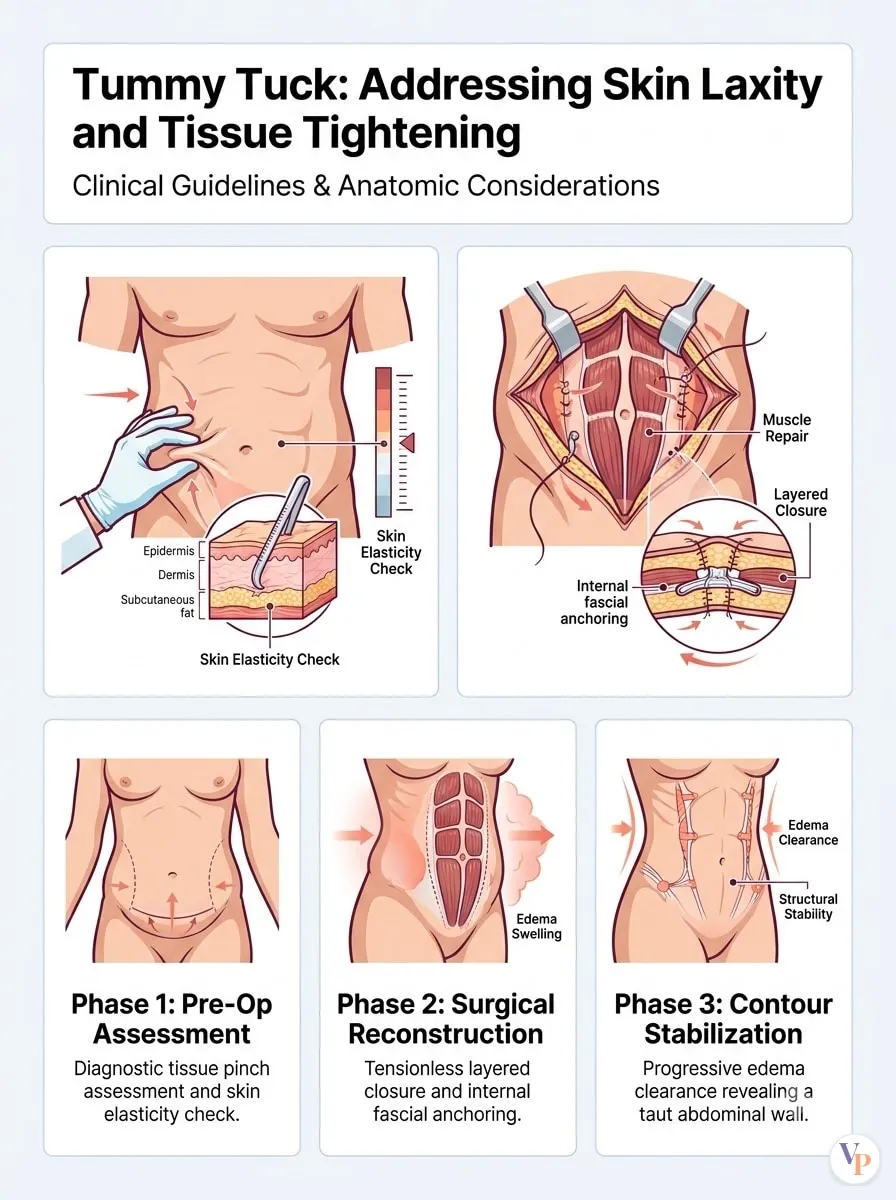 Medical schematic diagram illustrating Addressing Skin Laxity and Tissue Tightening in tummy tuck surgery by Dr. Vishal Purohit in Jaipur