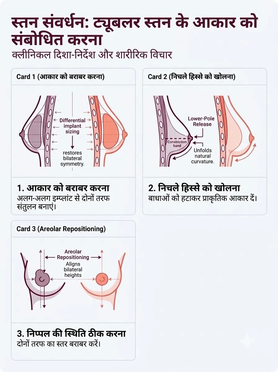 Medical schematic diagram illustrating addressing tubular breast shape (tuberous breast deformity) in breast augmentation surgery by Dr. Vishal Purohit in Jaipur