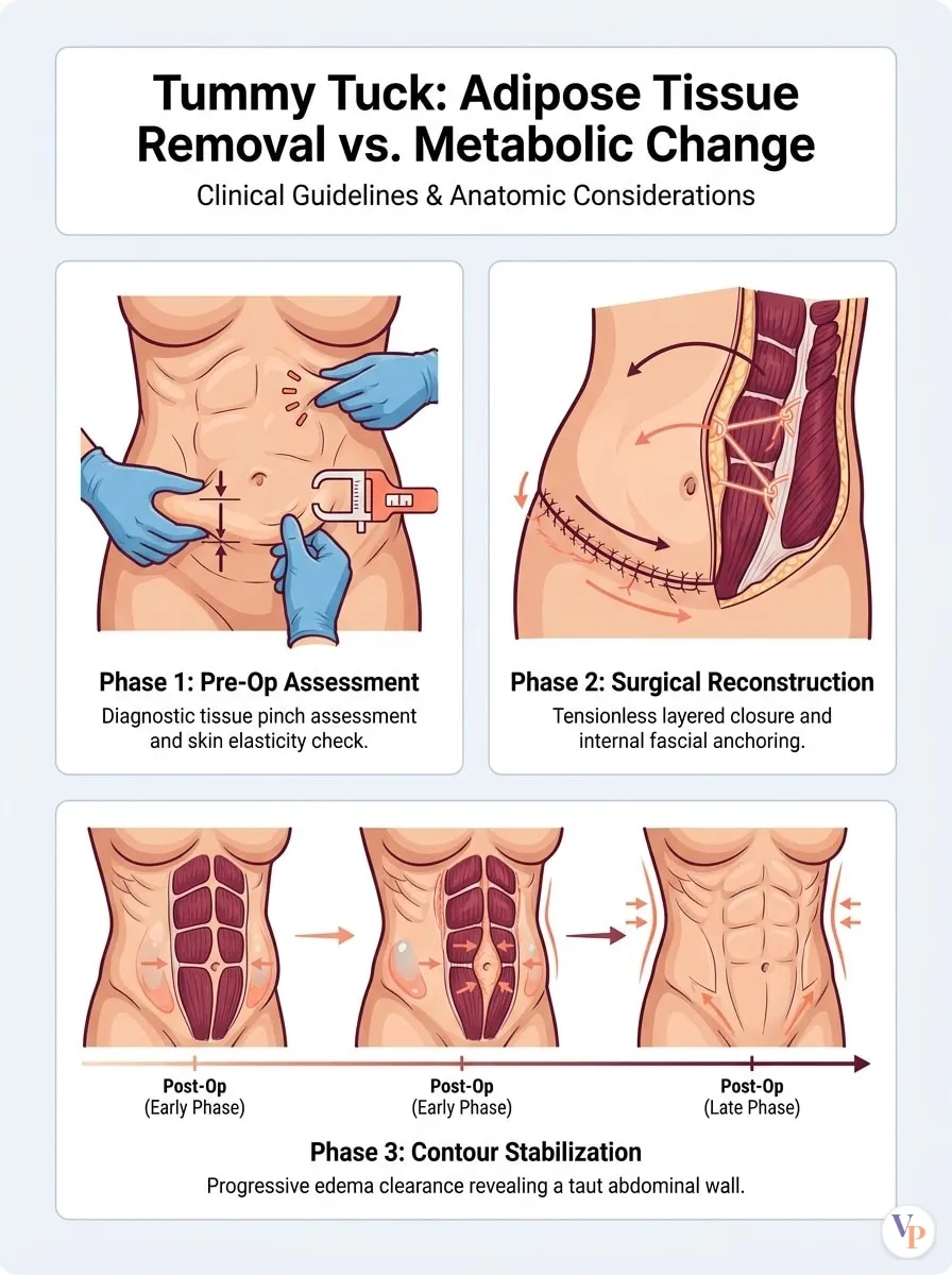Medical schematic diagram illustrating Adipose Tissue Removal vs. Metabolic Change in tummy tuck surgery by Dr. Vishal Purohit in Jaipur