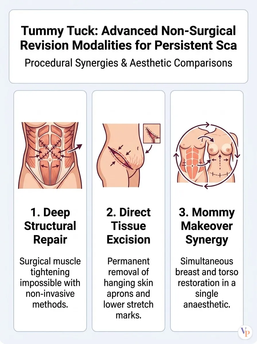 Medical schematic diagram illustrating Advanced Non-Surgical Revision Modalities for Persistent Scars in tummy tuck surgery by Dr. Vishal Purohit in Jaipur