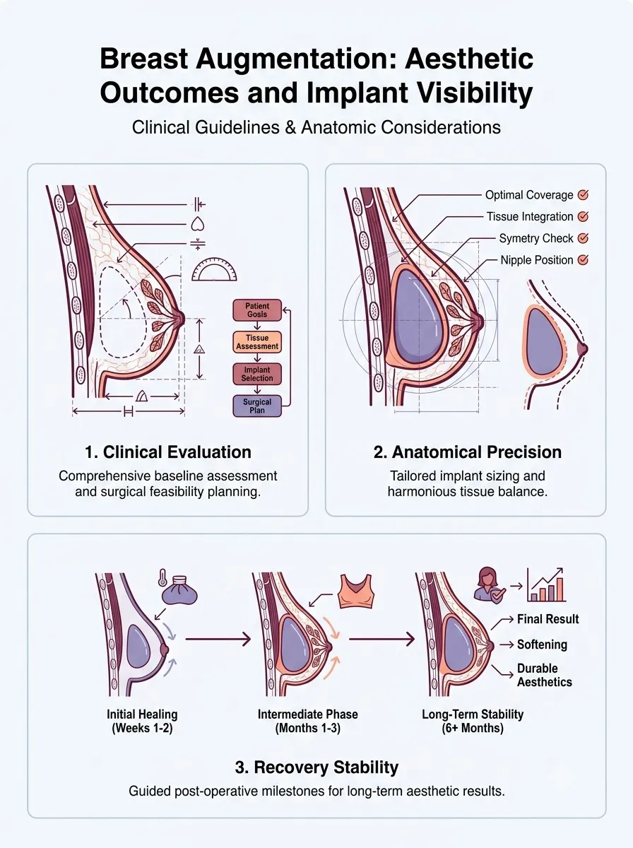 Medical schematic diagram illustrating aesthetic outcomes and implant visibility in breast augmentation surgery by Dr. Vishal Purohit in Jaipur