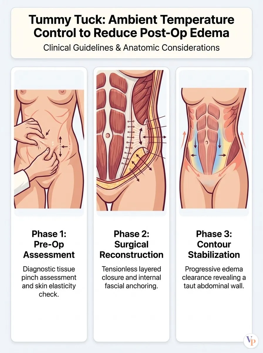 Medical schematic diagram illustrating Ambient Temperature Control to Reduce Post-Op Edema in tummy tuck surgery by Dr. Vishal Purohit in Jaipur