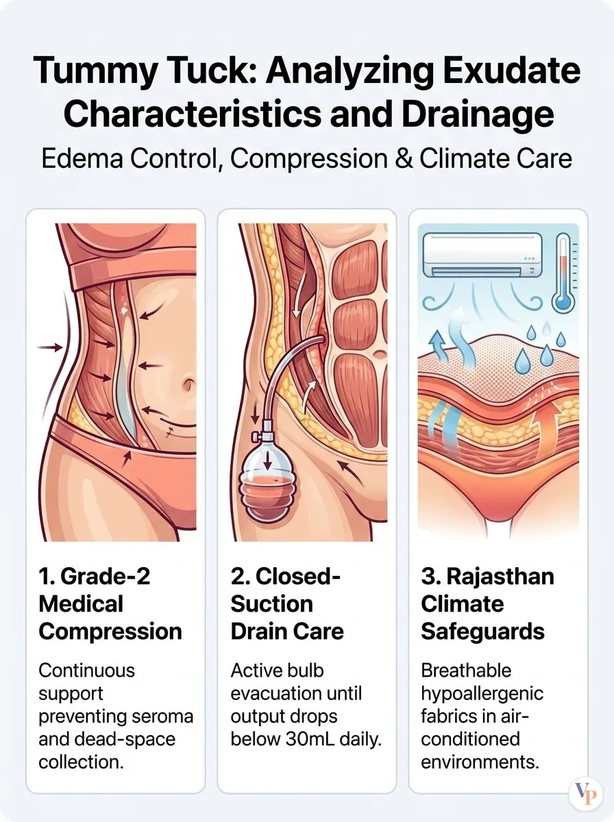 Medical schematic diagram illustrating Analyzing Exudate Characteristics and Drainage in tummy tuck surgery by Dr. Vishal Purohit in Jaipur