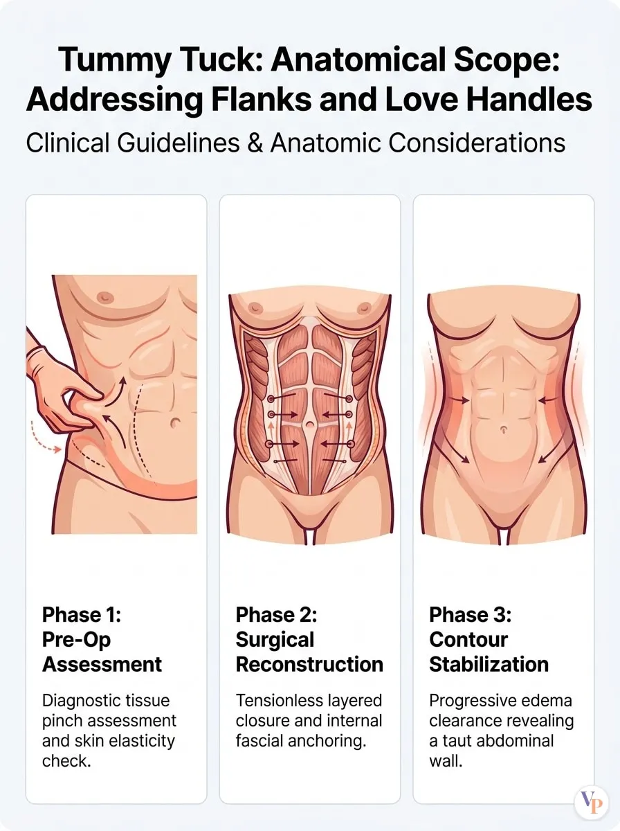 Medical schematic diagram illustrating Anatomical Scope: Addressing Flanks and Love Handles in tummy tuck surgery by Dr. Vishal Purohit in Jaipur