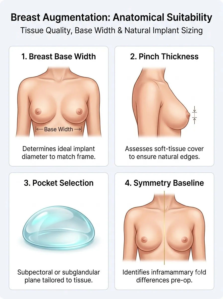Medical schematic diagram illustrating anatomical suitability and tissue quality in breast augmentation surgery by Dr. Vishal Purohit in Jaipur