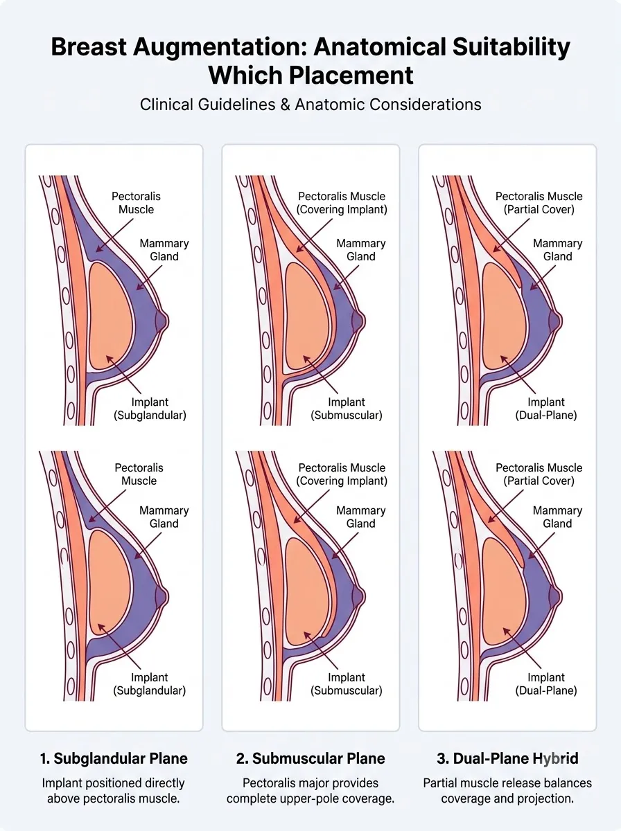 Medical schematic diagram illustrating anatomical suitability: which placement is right for your body type? in breast augmentation surgery by Dr. Vishal Purohit in Jaipur