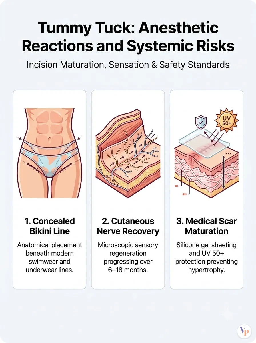 Medical schematic diagram illustrating Anesthetic Reactions and Systemic Risks in tummy tuck surgery by Dr. Vishal Purohit in Jaipur