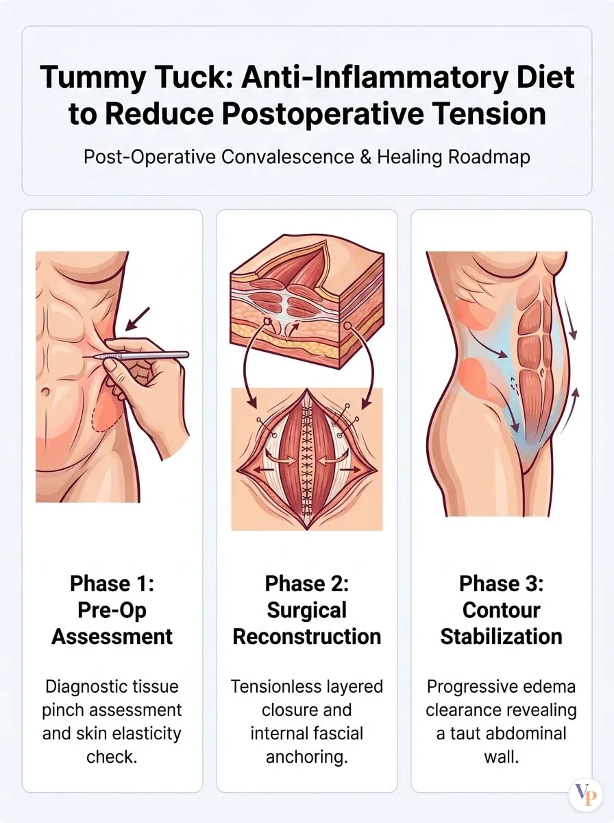Medical schematic diagram illustrating Anti-Inflammatory Diet to Reduce Postoperative Tension in tummy tuck surgery by Dr. Vishal Purohit in Jaipur
