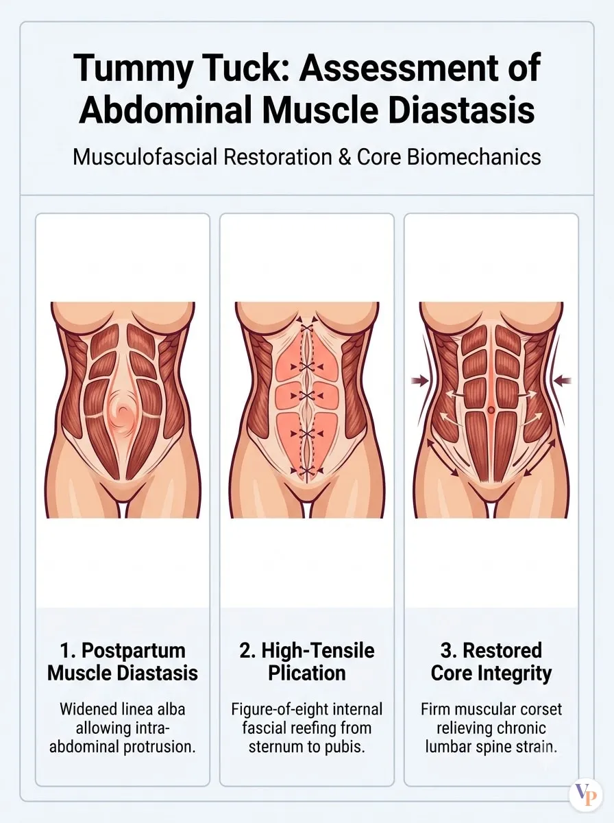 Medical schematic diagram illustrating Assessment of Abdominal Muscle Diastasis in tummy tuck surgery by Dr. Vishal Purohit in Jaipur