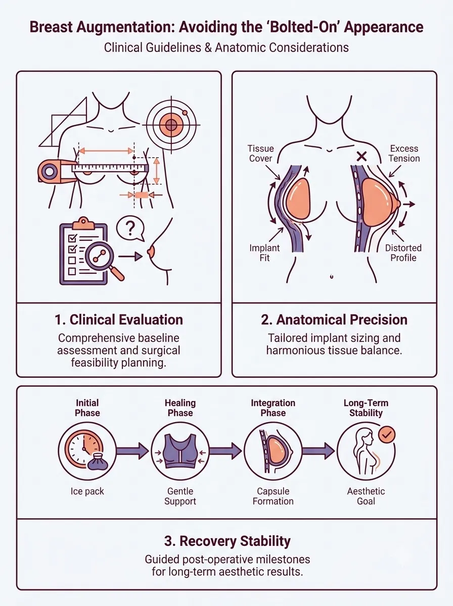 Medical schematic diagram illustrating avoiding the ‘bolted-on’ appearance: managing upper pole fullness in breast augmentation surgery by Dr. Vishal Purohit in Jaipur