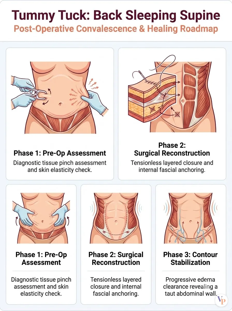 Medical schematic diagram illustrating Back Sleeping (Supine) in tummy tuck surgery by Dr. Vishal Purohit in Jaipur