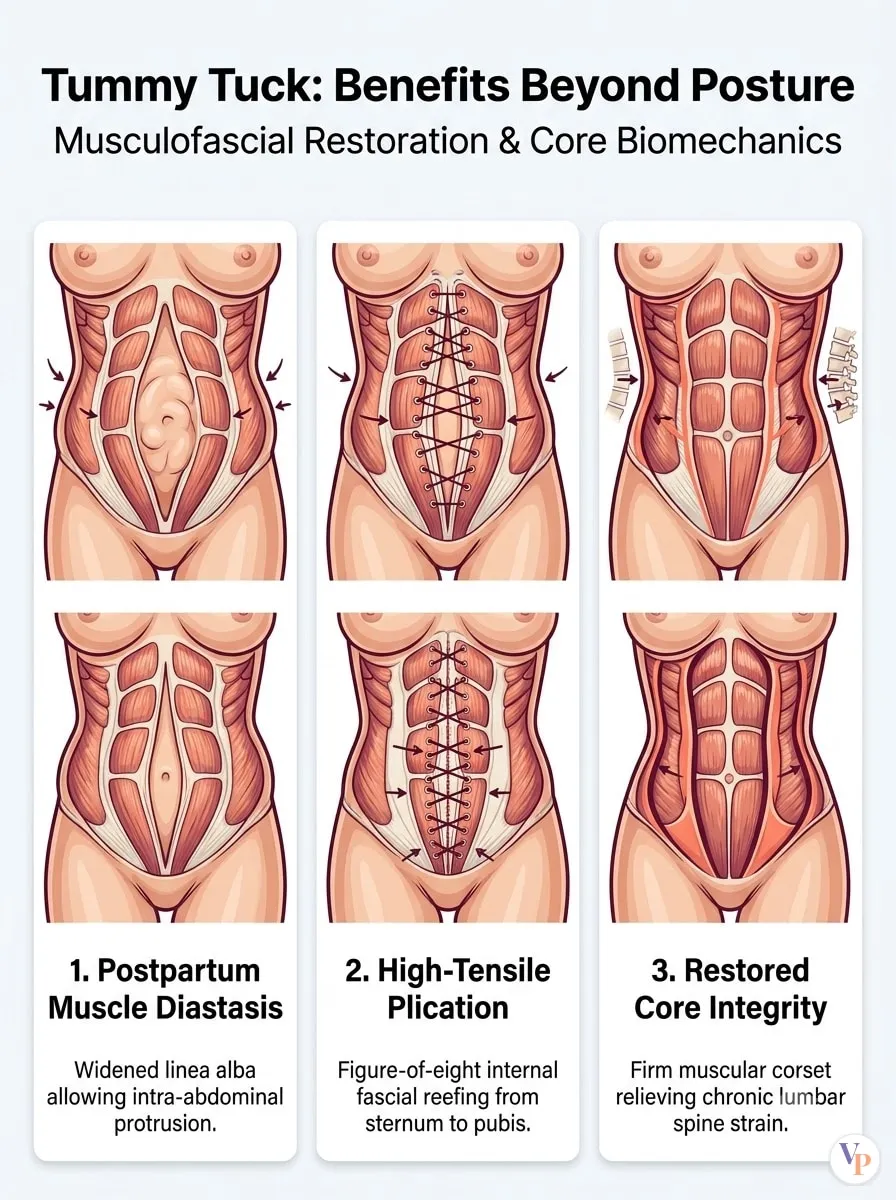 Medical schematic diagram illustrating Benefits Beyond Posture in tummy tuck surgery by Dr. Vishal Purohit in Jaipur