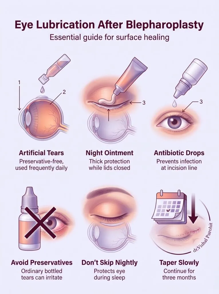 Post-blepharoplasty eye lubrication guide showing artificial tears and ointment application