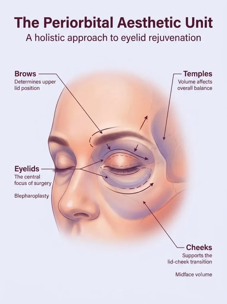 Blepharoplasty eyelid rejuvenation for periorbital aesthetic unit correction by Dr. Vishal Purohit