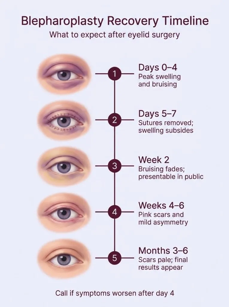 Blepharoplasty recovery timeline showing eyelid surgery healing stages from day 0 to 6 months