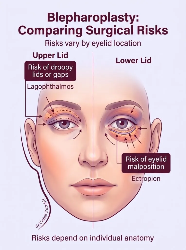 Blepharoplasty upper and lower eyelid surgery risk comparison diagram by Dr. Vishal Purohit