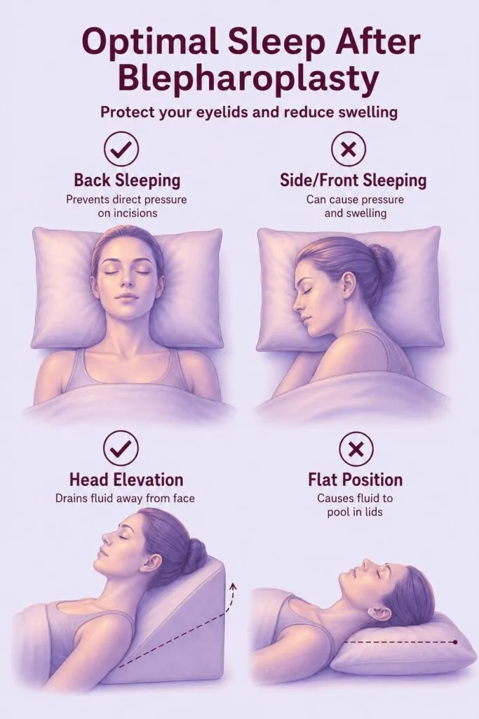 Optimal sleep positions after blepharoplasty to reduce eyelid swelling and ensure recovery.