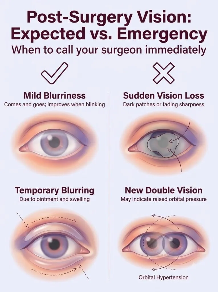 Post-surgery vision guide for blepharoplasty showing expected vs emergency symptoms