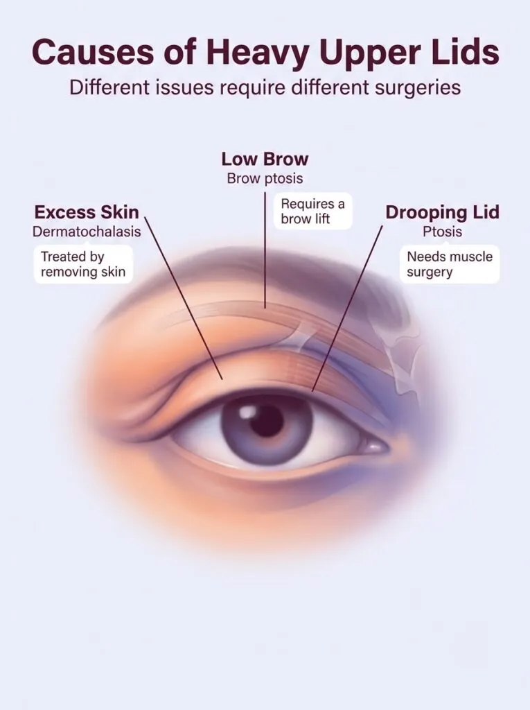 Comparison of Blepharoplasty, Ptosis surgery, and Brow Lift for heavy upper eyelids