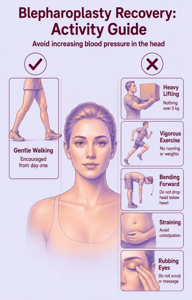 Blepharoplasty recovery activity guide showing recommended and restricted activities for eyelid surgery patients