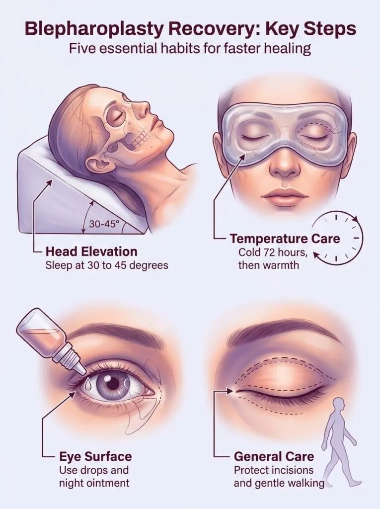 Blepharoplasty recovery guide illustrating head elevation, temperature care, and eye surface protection.