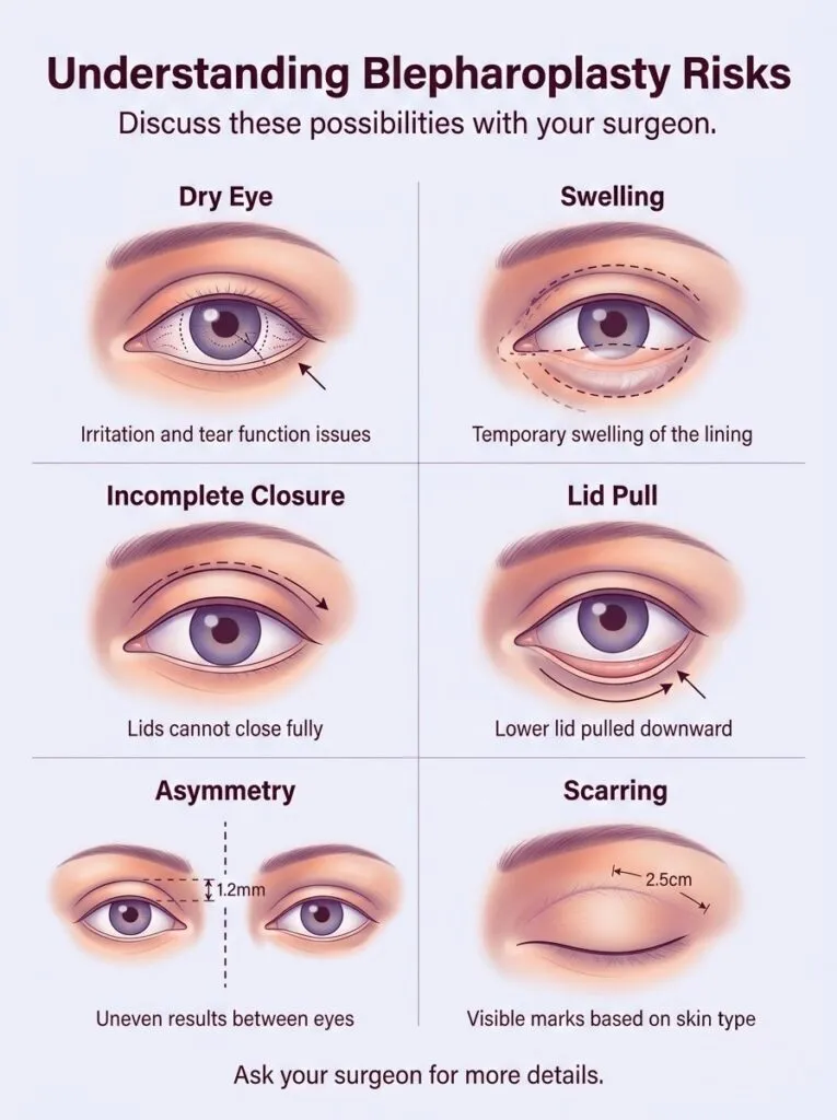 Educational illustration of potential blepharoplasty risks including dry eye, asymmetry, and scarring