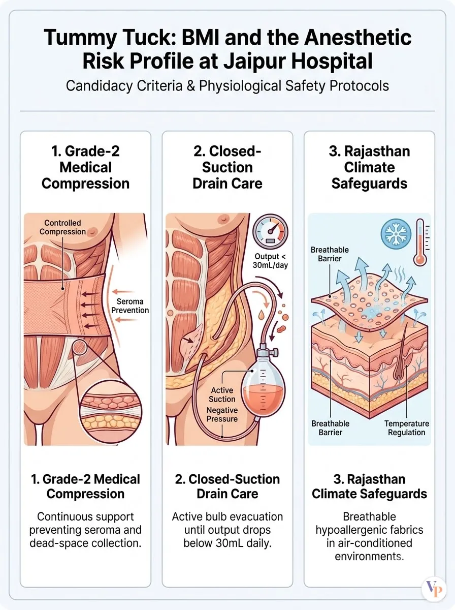 Medical schematic diagram illustrating BMI and the Anesthetic Risk Profile at Jaipur Hospital in tummy tuck surgery by Dr. Vishal Purohit in Jaipur