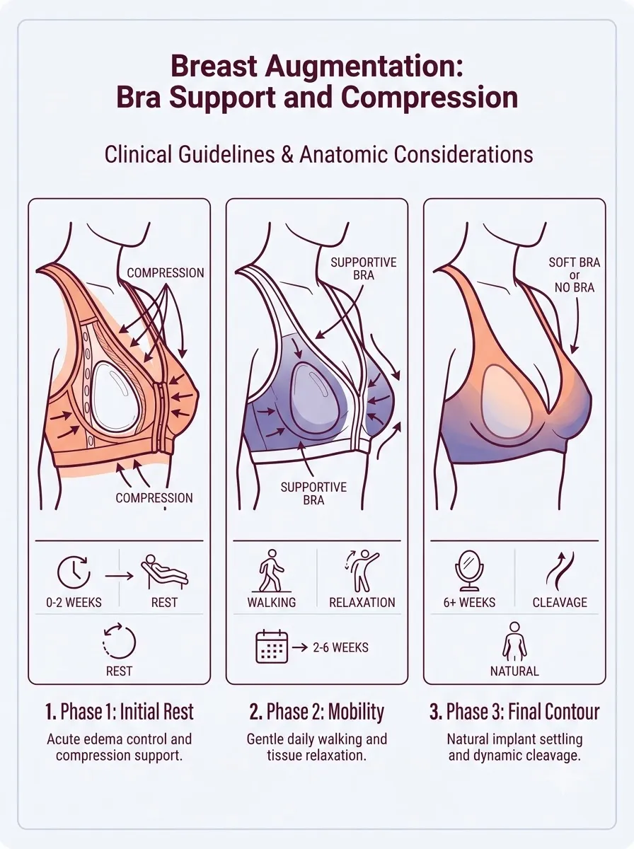 Medical schematic diagram illustrating bra support and compression in breast augmentation surgery by Dr. Vishal Purohit in Jaipur