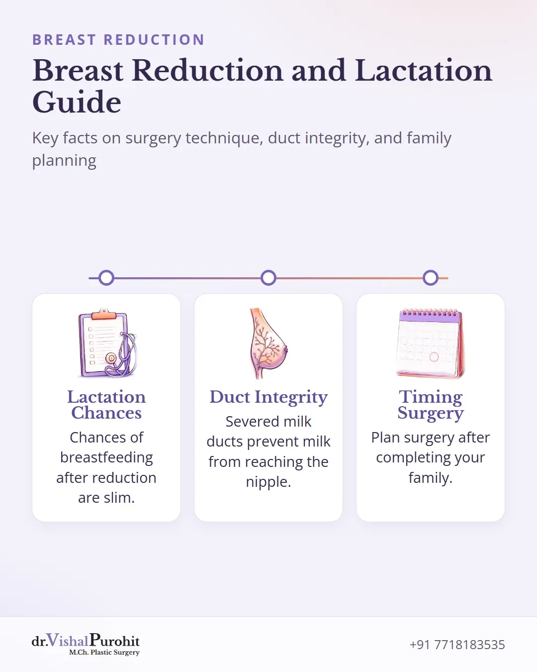 Summary of breast reduction impact on breastfeeding covering lactation likelihood, duct integrity, and timing