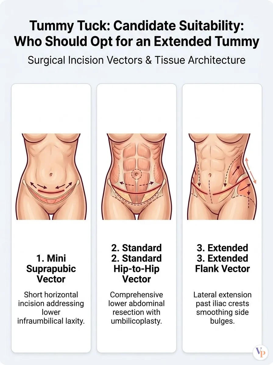 Medical schematic diagram illustrating Candidate Suitability: Who Should Opt for an Extended Tummy Tuck? in tummy tuck surgery by Dr. Vishal Purohit in Jaipur