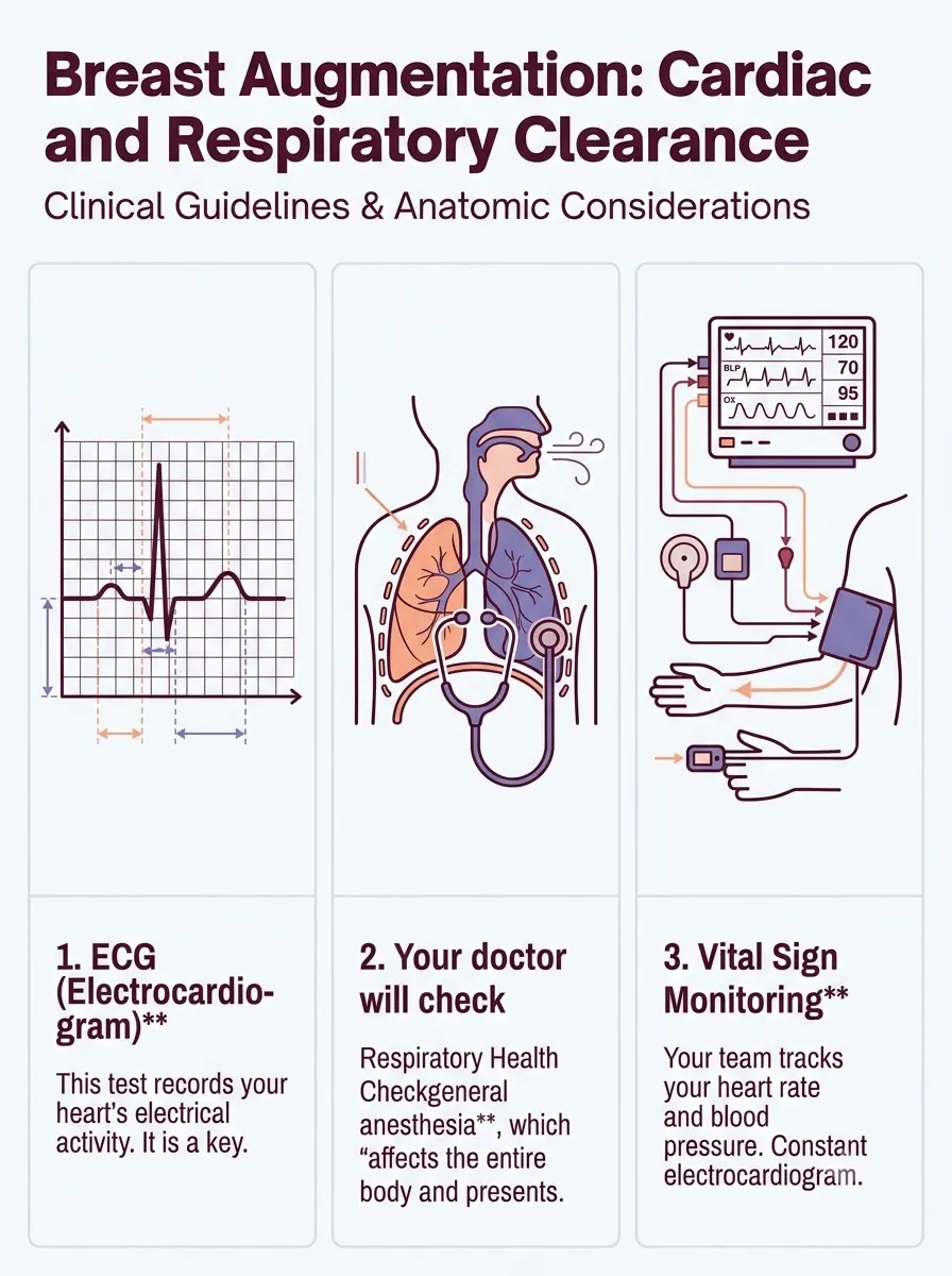 Medical schematic diagram illustrating cardiac and respiratory clearance for anesthesia safety in breast augmentation surgery by Dr. Vishal Purohit in Jaipur