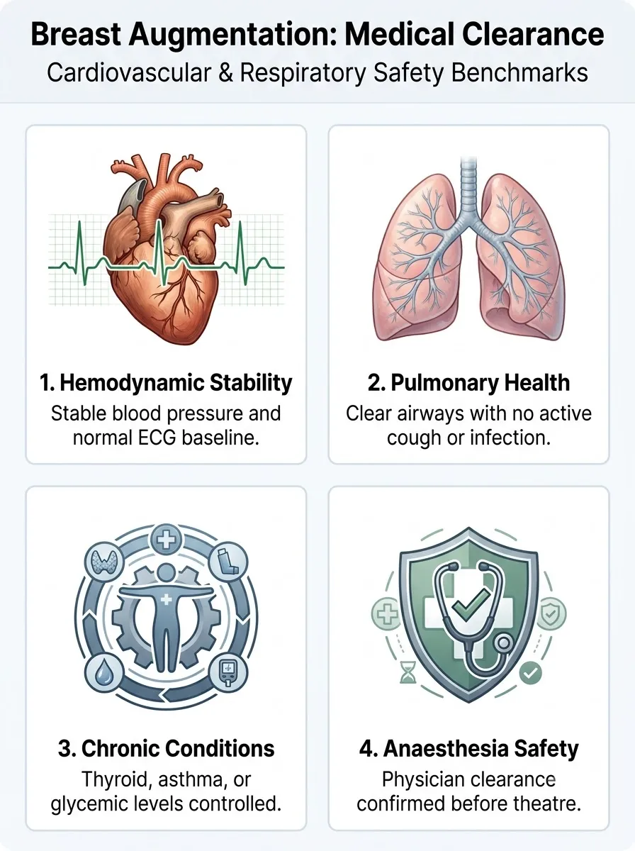 Medical schematic diagram illustrating cardiovascular and respiratory stability in breast augmentation surgery by Dr. Vishal Purohit in Jaipur
