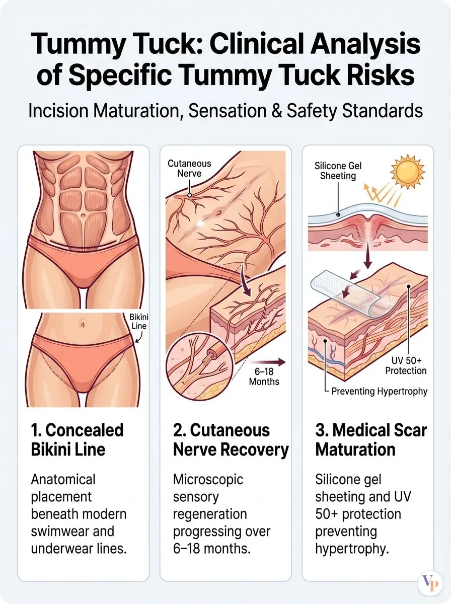 Medical schematic diagram illustrating Clinical Analysis of Specific Tummy Tuck Risks in tummy tuck surgery by Dr. Vishal Purohit in Jaipur