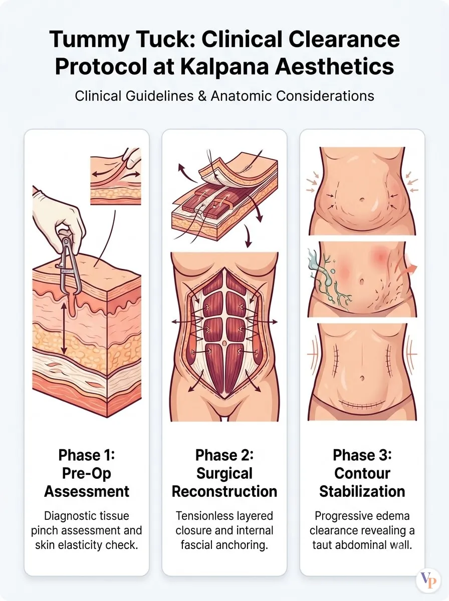 Medical schematic diagram illustrating Clinical Clearance Protocol at Kalpana Aesthetics in tummy tuck surgery by Dr. Vishal Purohit in Jaipur